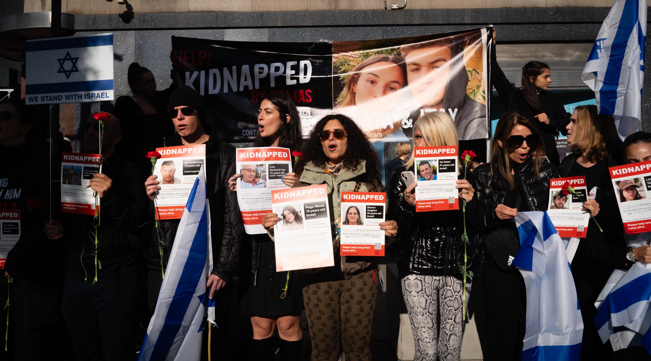 Israelis and supporters rally in support of Hamas hostages outside the United Nations, October 24, 2023. (Luke Tress)