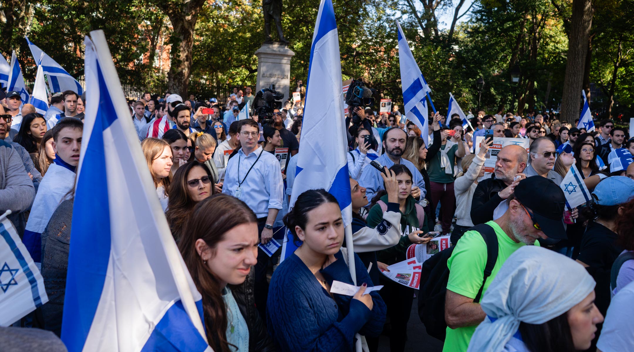 Jewish students and supporters rally near New York University in Washington Square Park, Oct. 26, 2023. (Luke Tress)