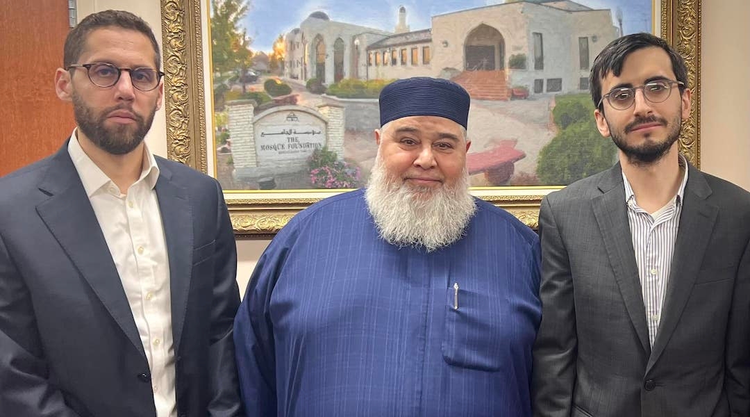 Rabbis Ari Hart and Hody Nemes with the imam of the mosque where 6-year-old Wadea al-Fayoume's funeral was held. (Courtesy of Ari Hart)