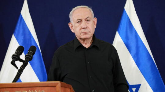 Israeli Prime Minister Benjamin Netanyahu speaks at a press conference on October 28, 2023. (Dana Kopel/Pool)