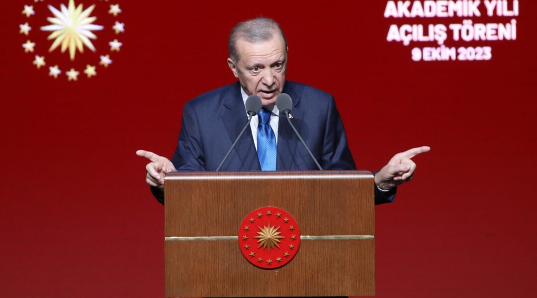 Turkish President Recep Tayyip Erdoğan speaks at a ceremony organized by the Council of Higher Education at Beştepe National Congress and Culture Center on October 9, 2023 in Ankara, Turkey. (Yavuz Ozden/ dia images via Getty Images)