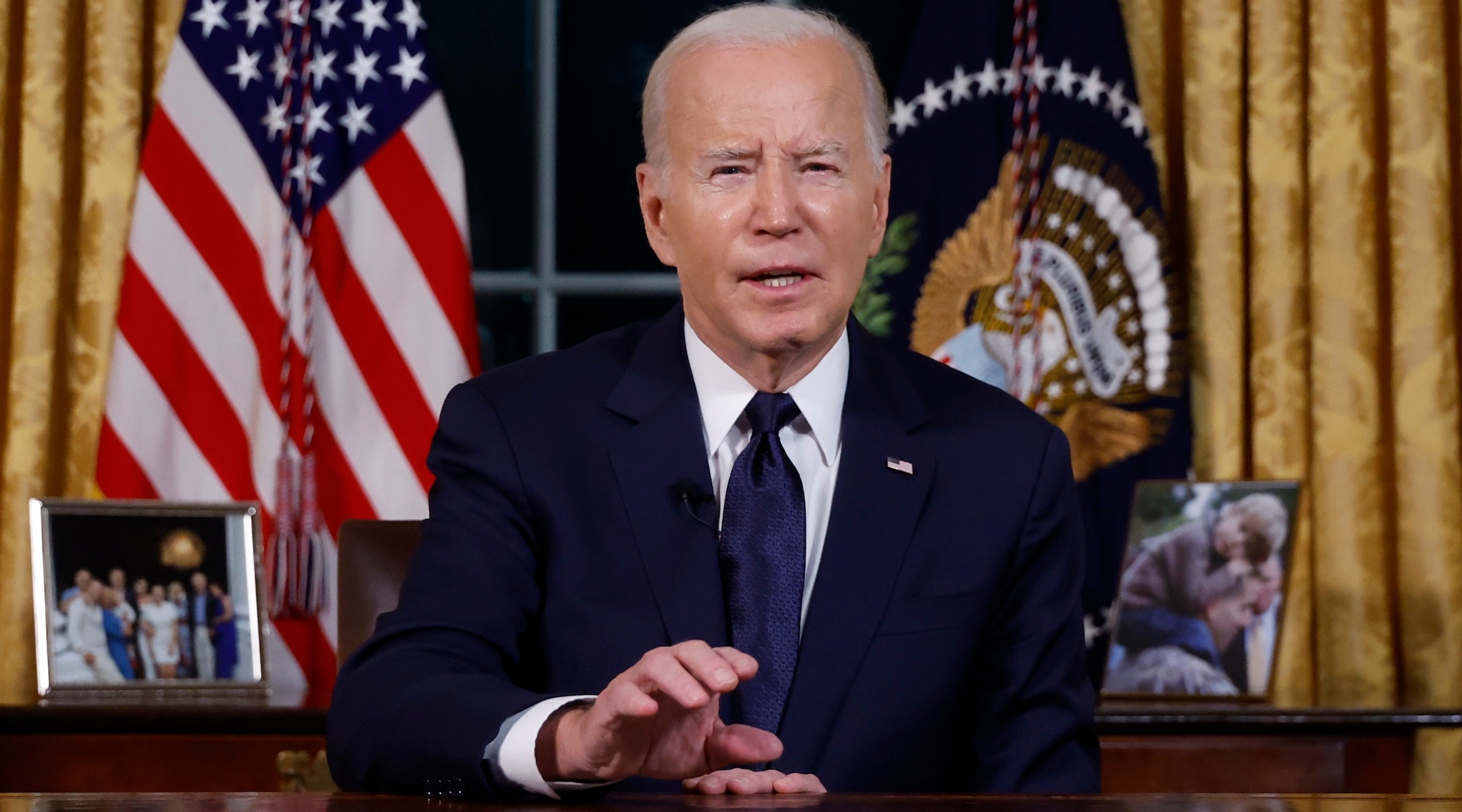 U.S. President Joe Biden addresses the nation from the Oval Office of the White House, Oct. 19, 2023. (Jonathan Ernst - Pool/Getty Images)