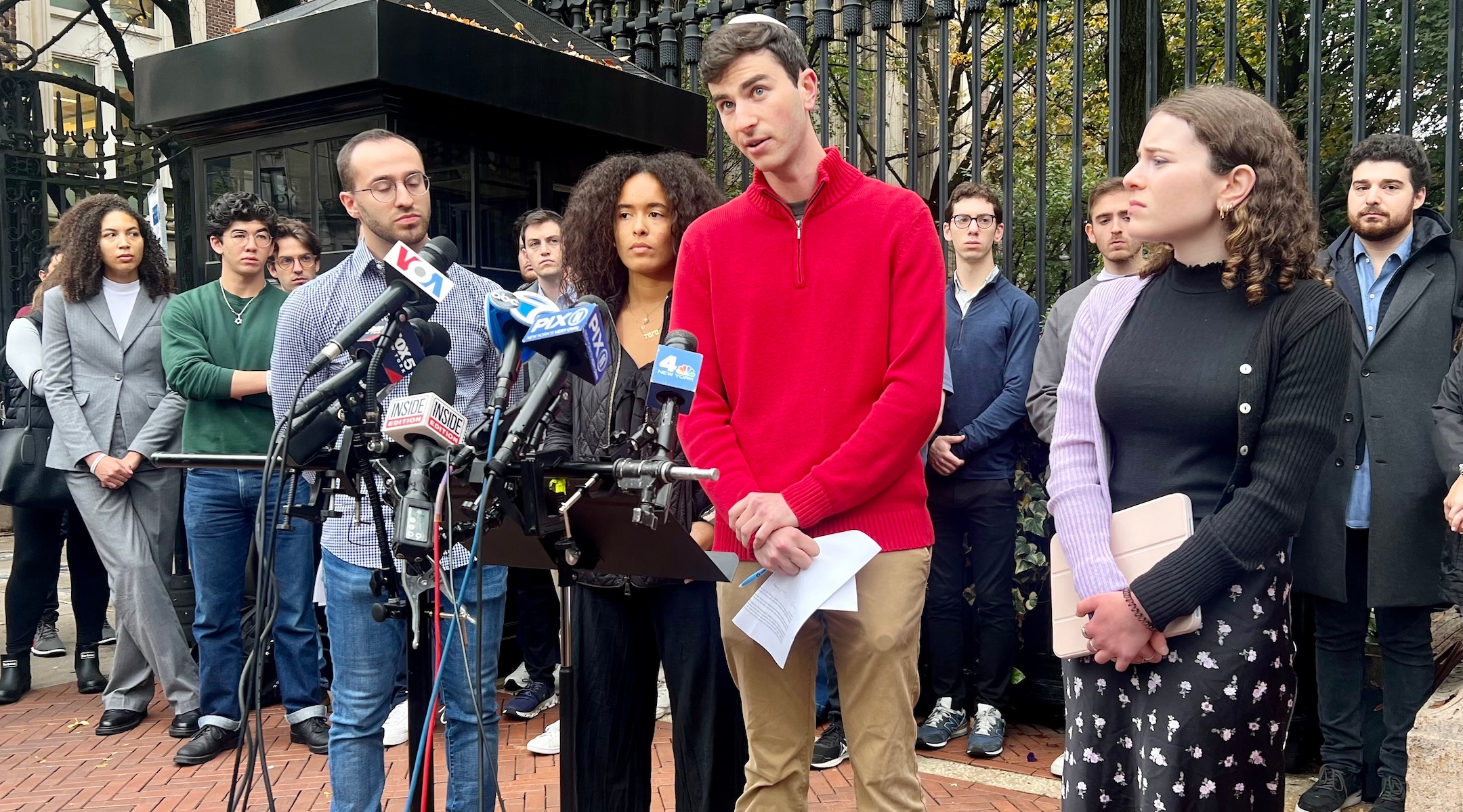 (Left to right) Students Eli Shmidman, Noa Fay, Yoni Kurtz and Jessie Brenner speak at a press conference at Columbia University on Oct. 30, 2023.