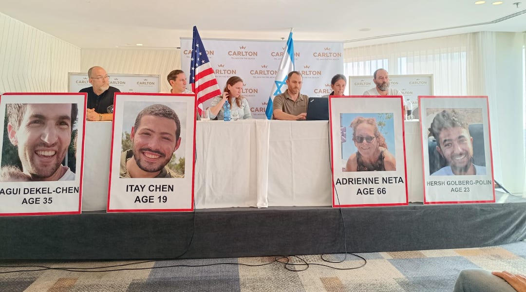 A press conference featuring relatives of missing U.S. citizens in Tel Aviv on Oct. 10, 2023. (Eliyahu Friedman)