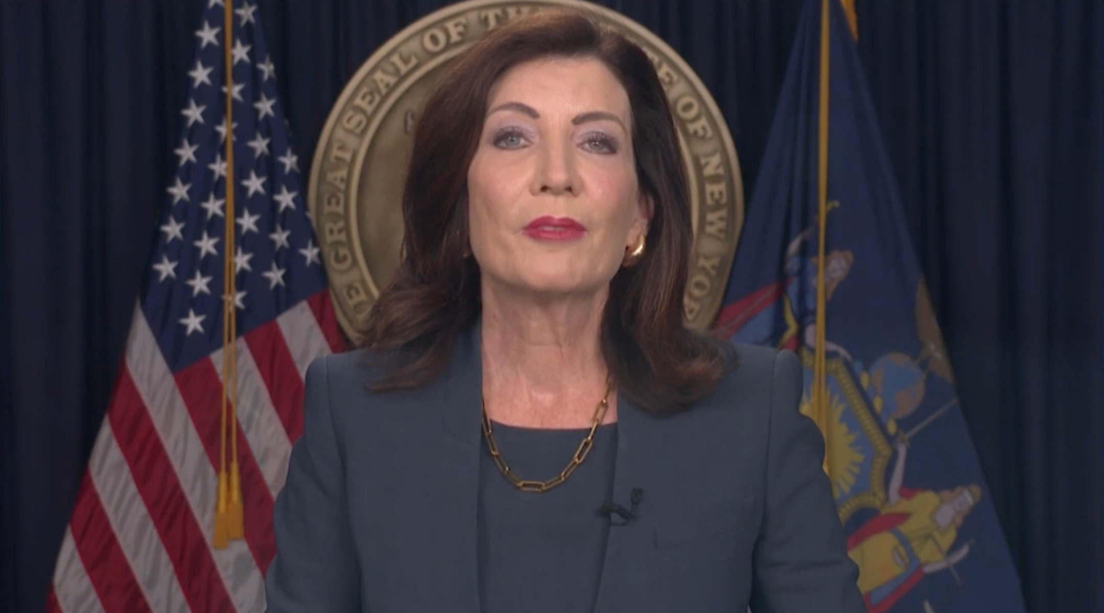 New York State Gov. Kathy Hochul delivers a speech on hate crimes, Oct. 31, 2023. (Screenshot)