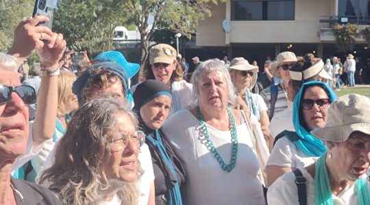 Mourners at a memorial service for Vivian Silver on Nov. 16, 2023. (Eliyahu Freedman)