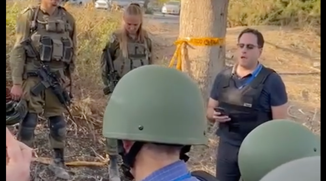 Cantor Luis Cattan sings a prayer for the dead at Kibbutz Be'eri on a mission of Conservative Jewish leaders to Israel on Oct. 30, 2023. (Screenshot)