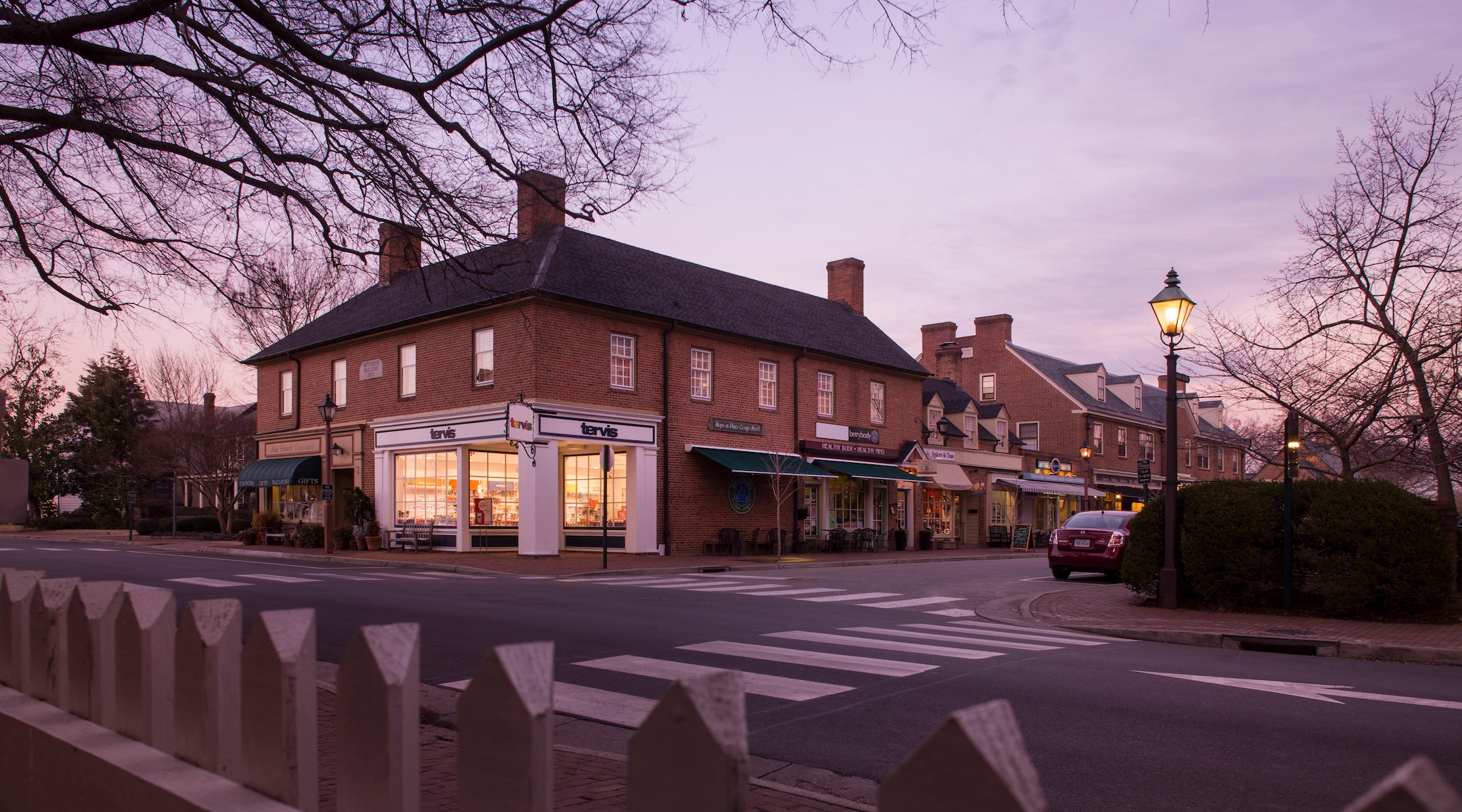 Twilight exterior of an inn in downtown Williamsburg, Virginia.