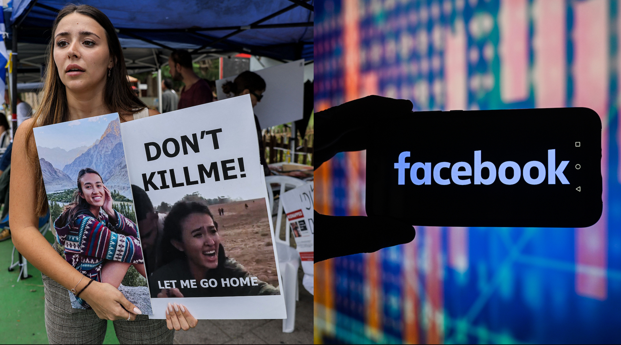 A photo of an Israeli hostage of the Oct. 7 attacks and an image of a phone with the word "Facebook" displayed across it