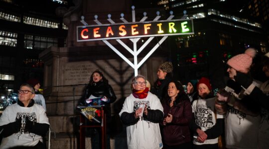 Left-wing activists rally in support of a ceasefire between Israel and Hamas on the first night of Hannukah in Columbus Circle, New York City, Dec. 7, 2023. (Luke Tress)