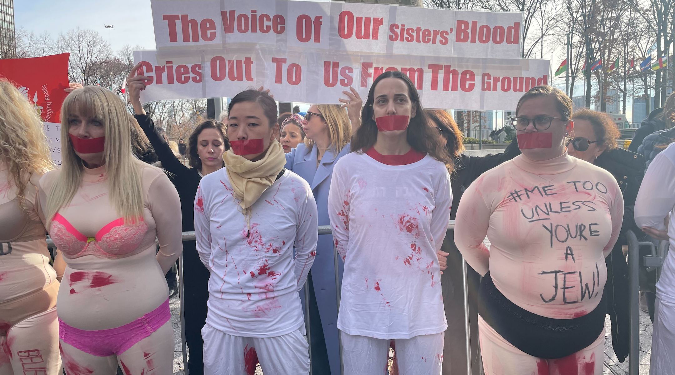 Protesters outside the United Nations on Dec. 4, 2023 call for condemnation of sexual violence perpetrated against Israeli women. (Luke Tress)