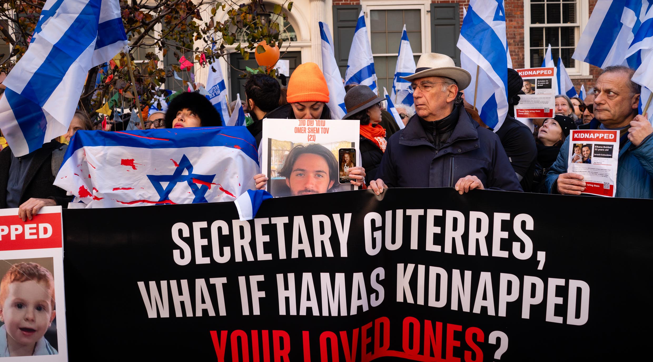Protesters outside the home of U.N. Secretary-General Antonio Guterres, December 8, 2024. (Luke Tress)