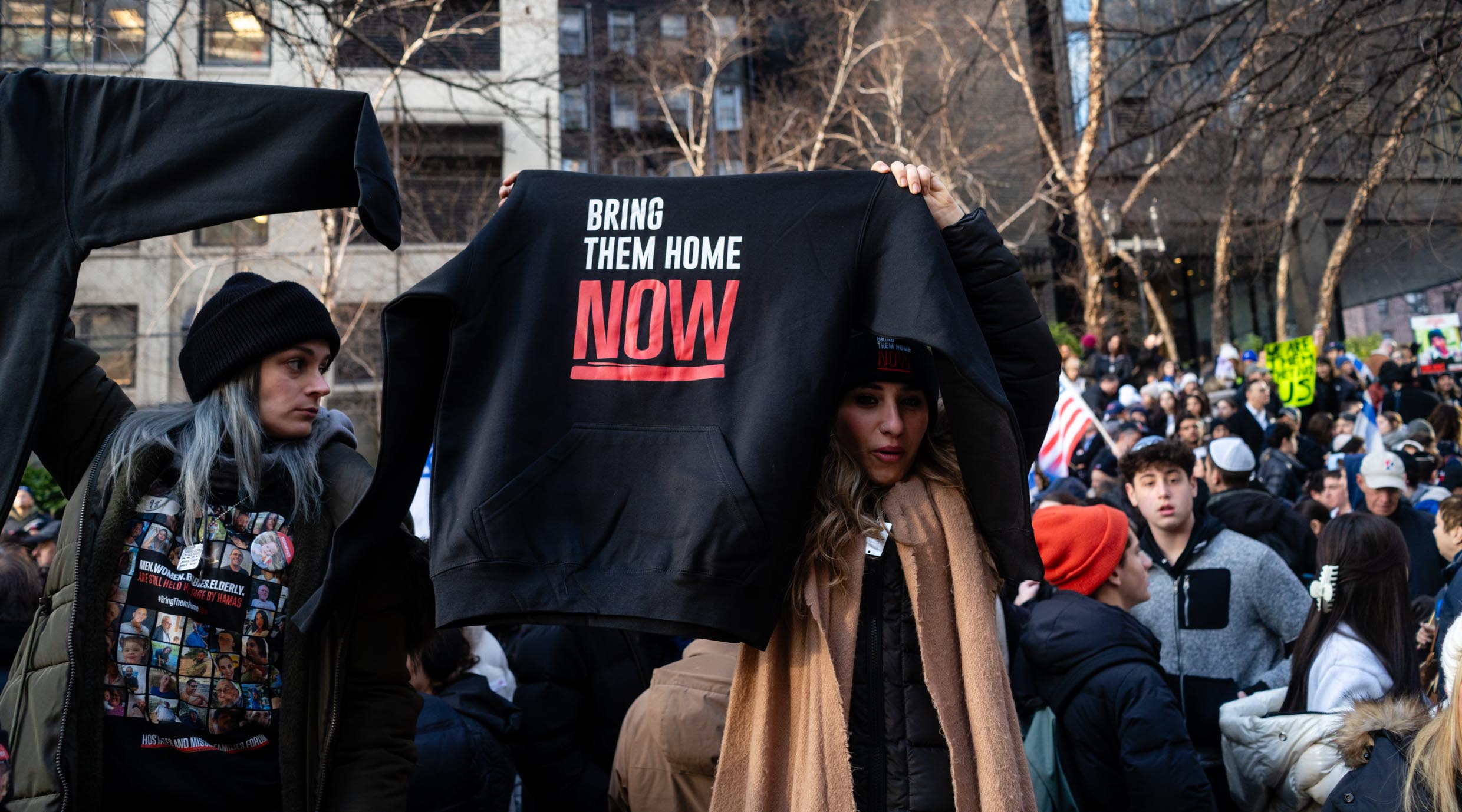 Demonstrators rally in support of Hamas hostages near the U.N., Jan. 12, 2024. (Luke Tress)