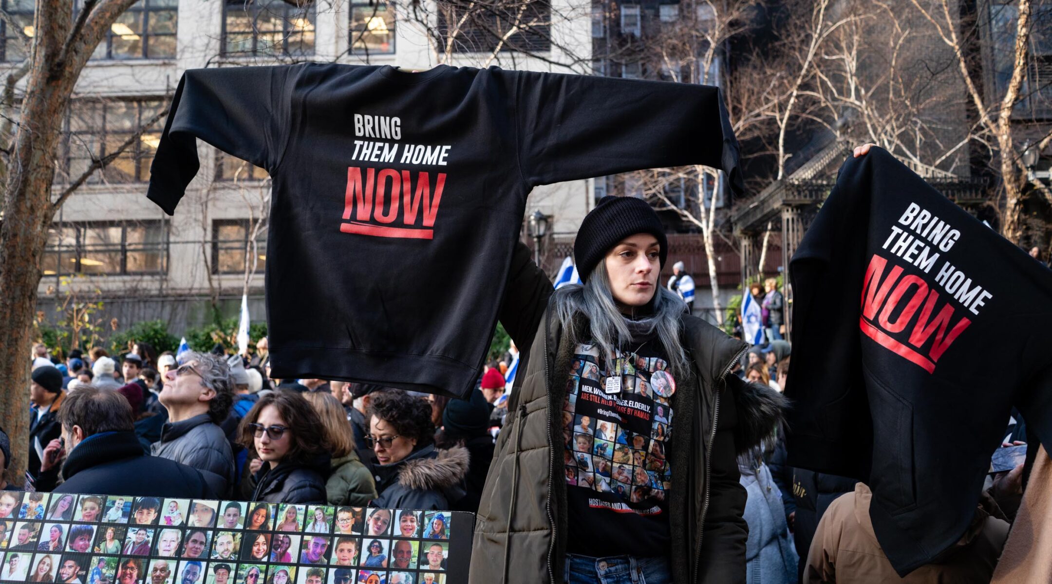 Demonstrators rally in support of Hamas hostages near the U.N., Jan. 12, 2024. (Luke Tress)