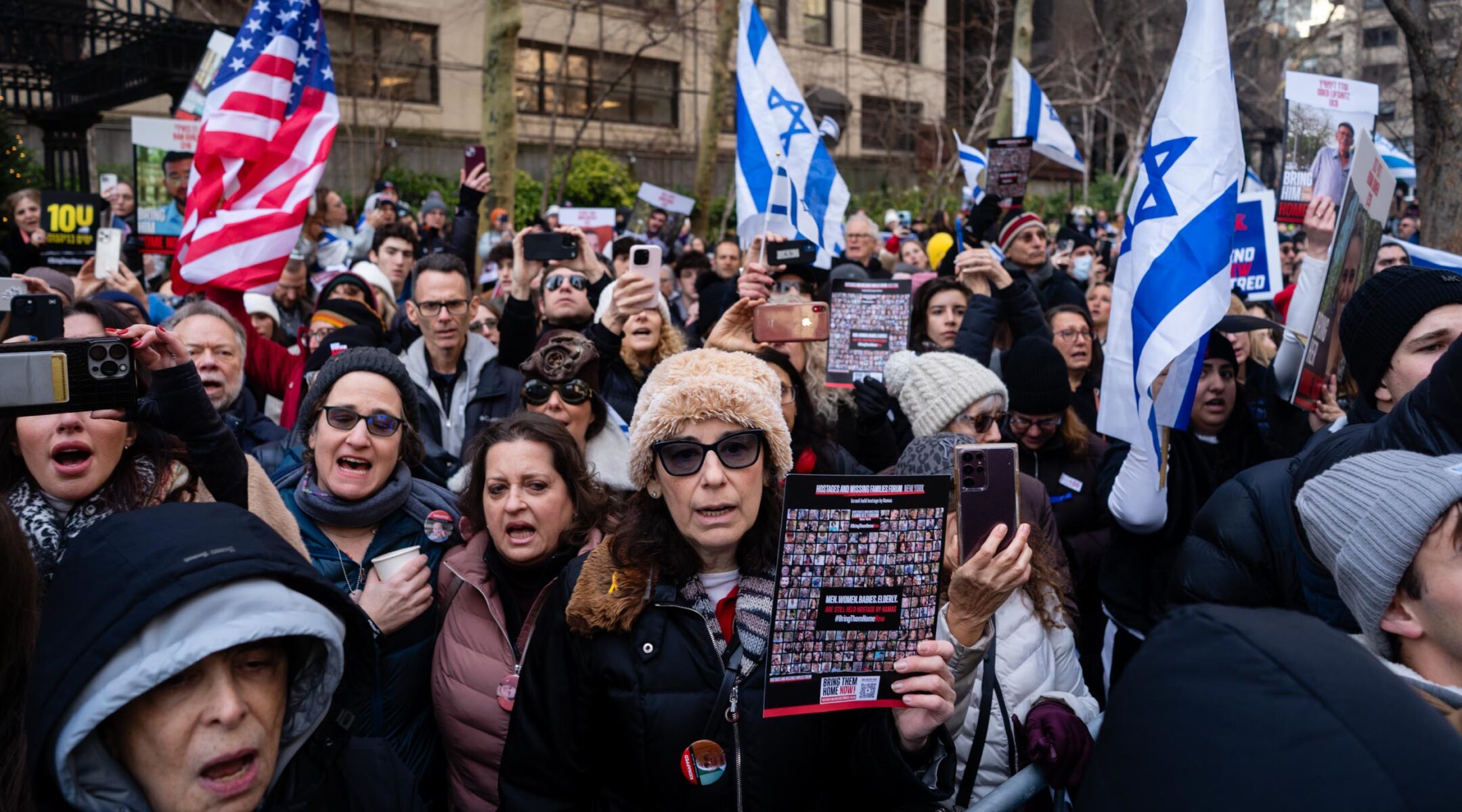 Demonstrators rally in support of Hamas hostages near the U.N., Jan. 12, 2024. (Luke Tress)