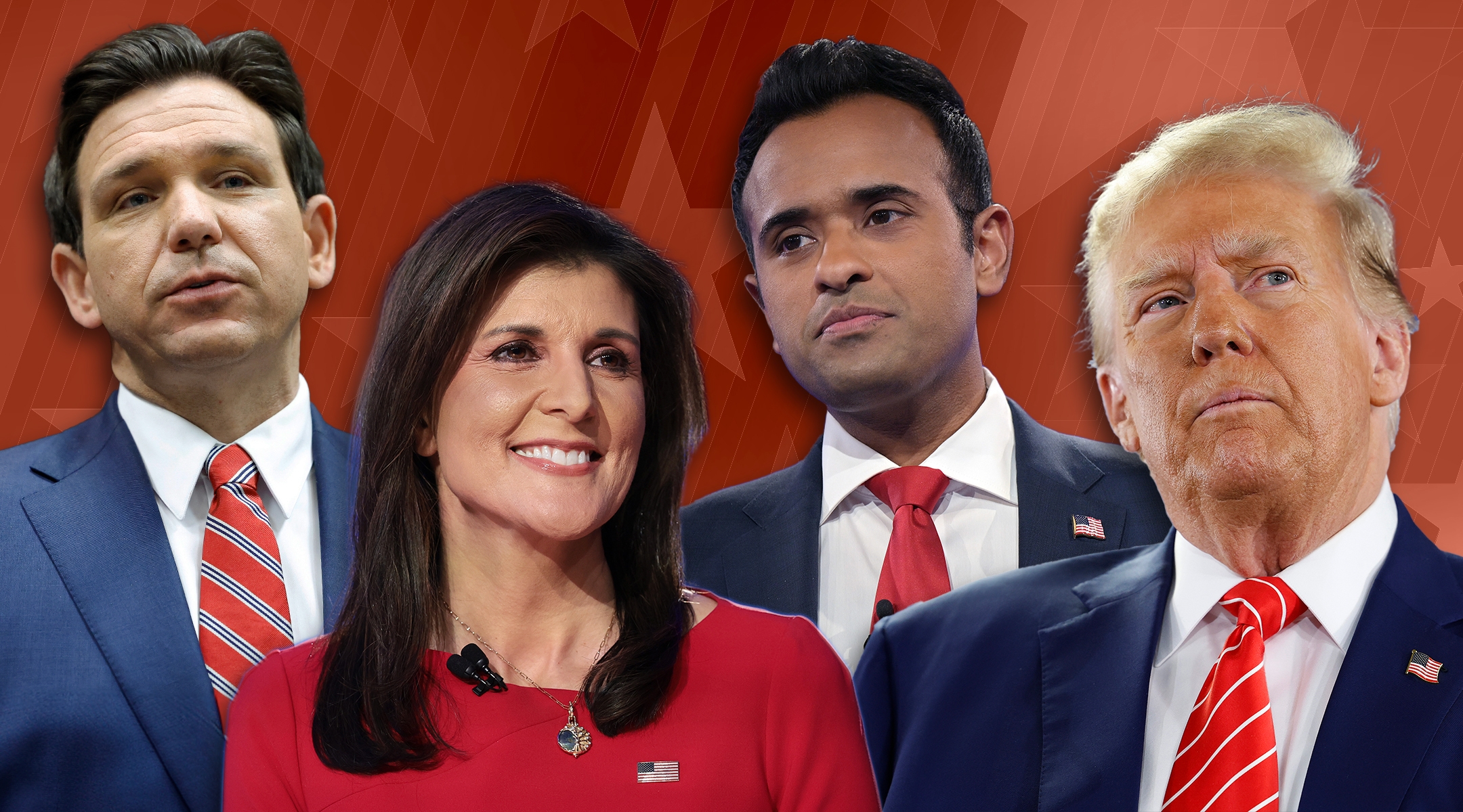 Ron DeSantis, Nikki Haley, Vivek Ramaswamy and Donald Trump