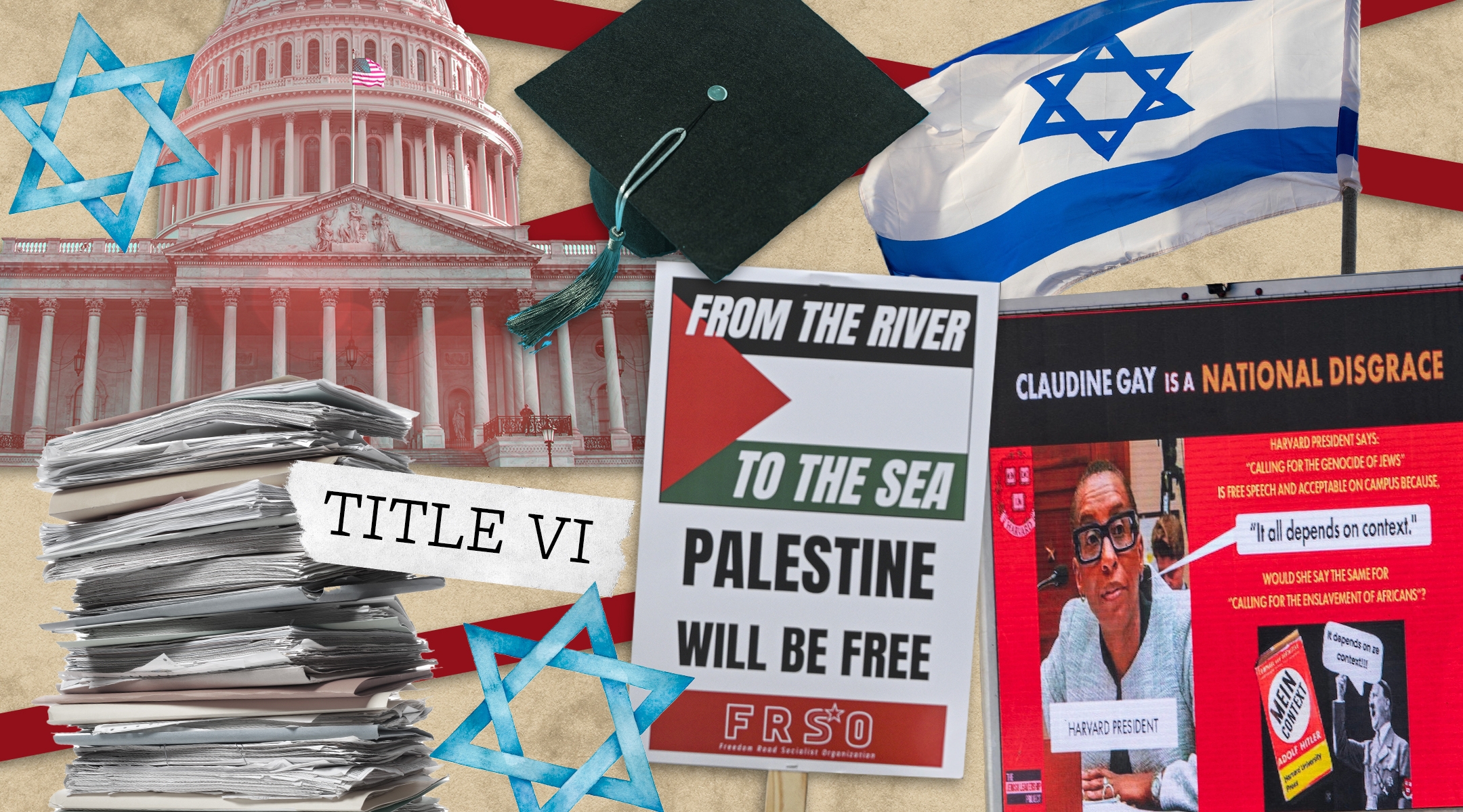 A collage of campus-related incidents of antisemitism and Islamophobia: Israeli and Palestinian flags, "doxxing trucks" attacking Harvard, and a "Title VI" label alongside red tape and stacks of books.