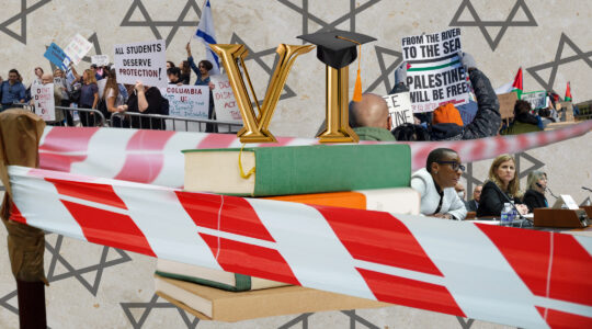 A collage of pro-Palestinian and pro-Israel campus protests, along with images of elite university presidents testifying about antisemitism before Congress, linked together with a stack of books, red tape and a giant "VI".
