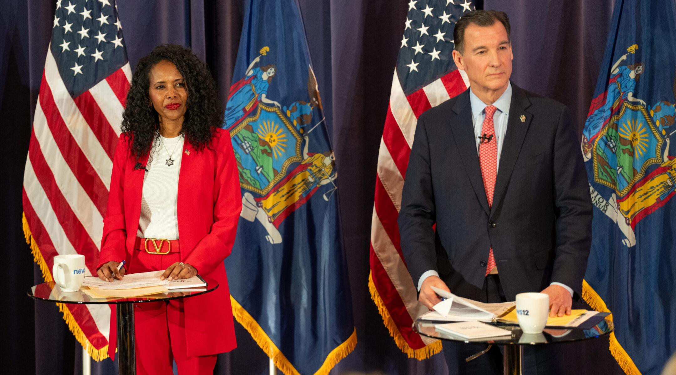 Congressional candidates Mazi Melesa Pilip, left, and Tom Suozzi, right, at a debate hosted by News 12 on Long Island, Feb. 8, 2024. (Courtesy/News 12)