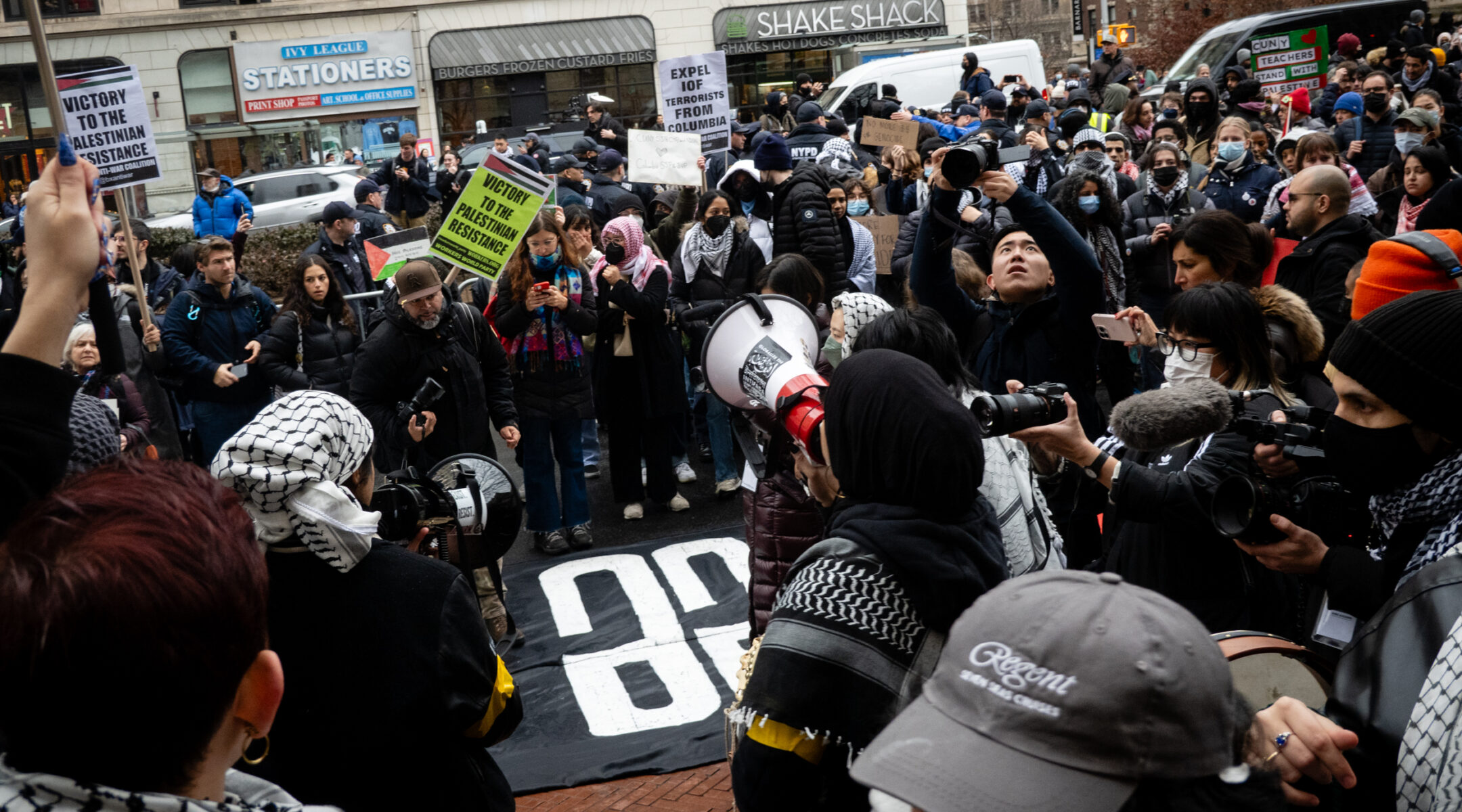 Pro-Palestinian activists outside Columbia University, February 2, 2024. (Luke Tress)