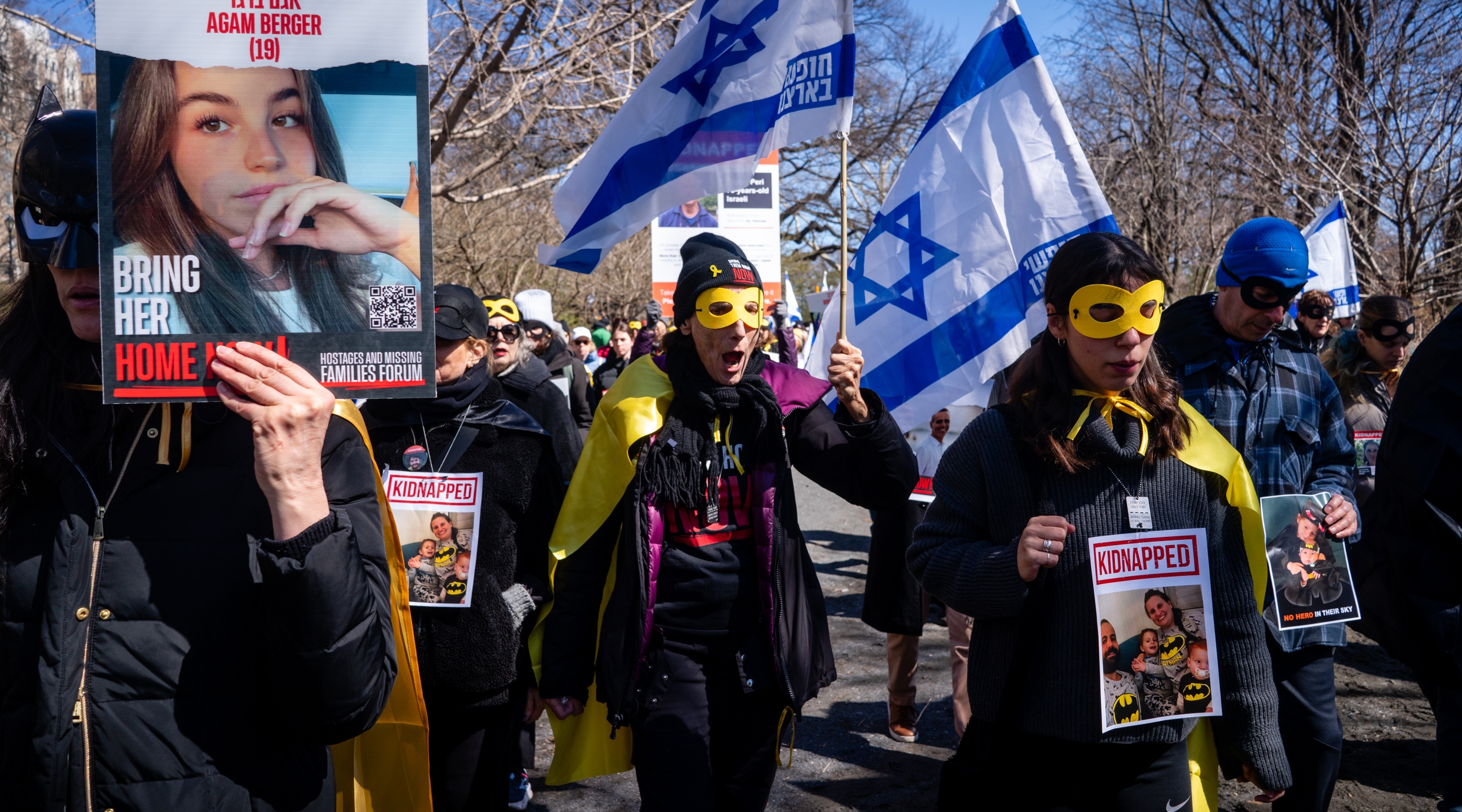 A Purim rally demanding the release of Hamas hostages in Central Park, March 24, 2024. (Luke Tress)