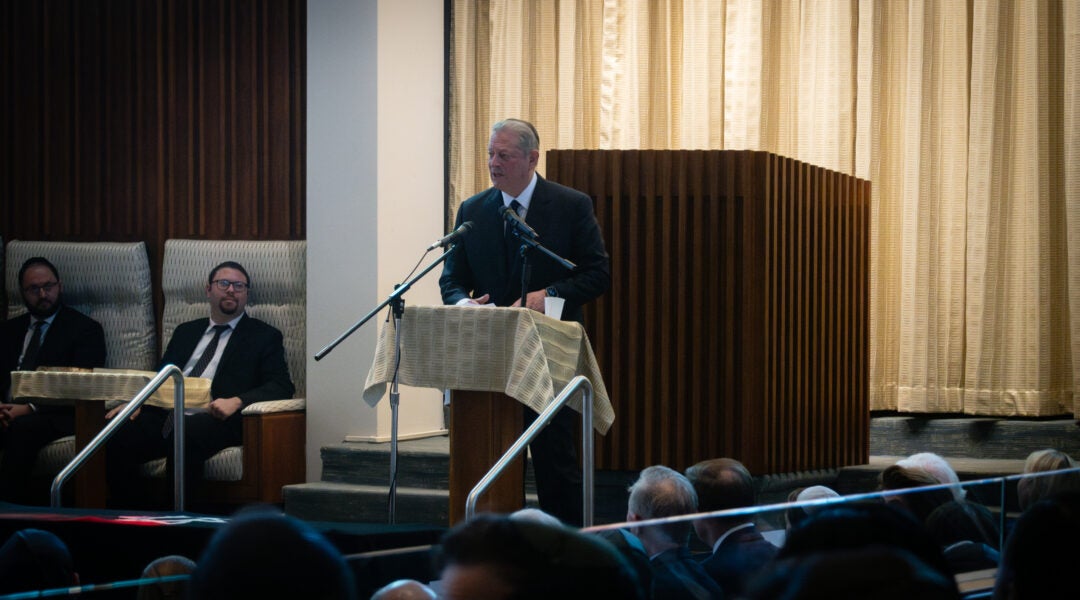 Al Gore speaks at Sen. Joe Lieberman's funeral in Stamford, Connecticut, March 29, 2024. (Luke Tress)