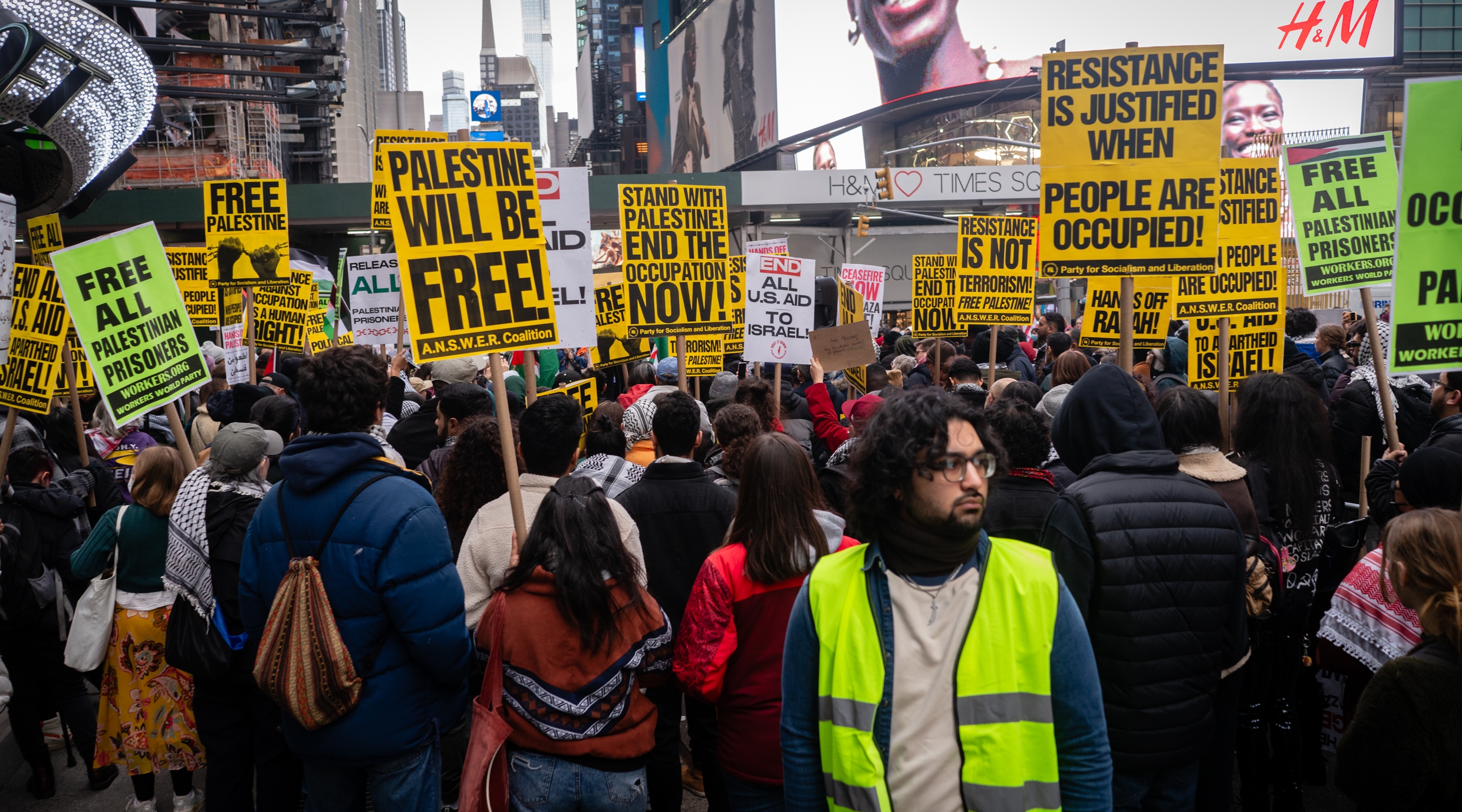 Pro-Palestinian demonstrators near Times Square in New York City, April 5, 2024. (Luke Tress)