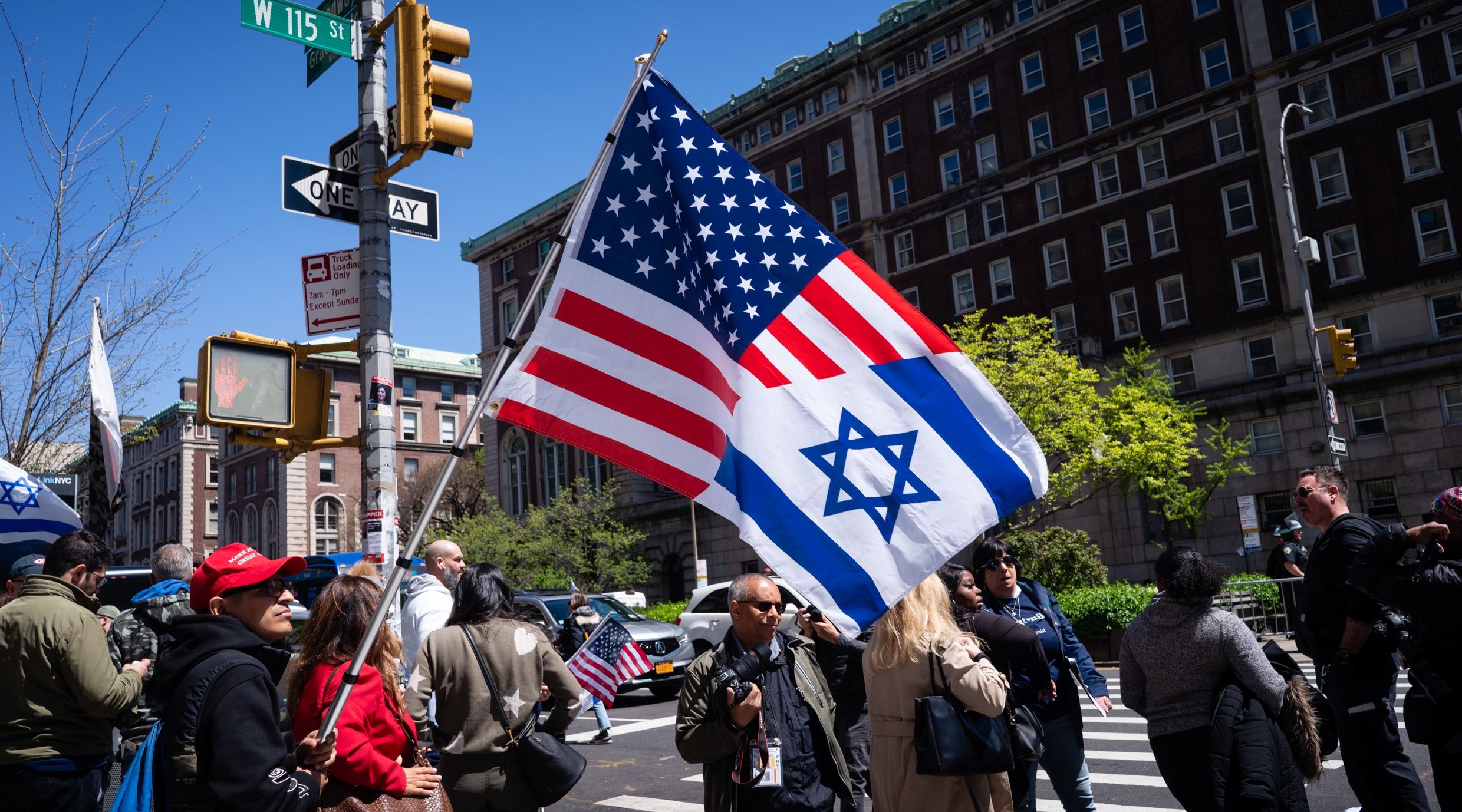 A pro-Israel protester outside Columbia University in Manhattan, April 22, 2024. (Luke Tress)