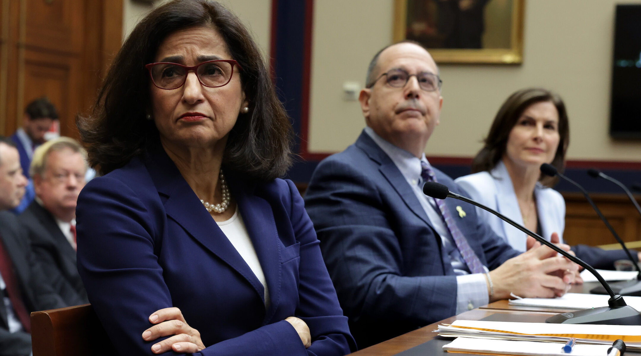 The heads of Columbia University sit on a House panel awaiting questions