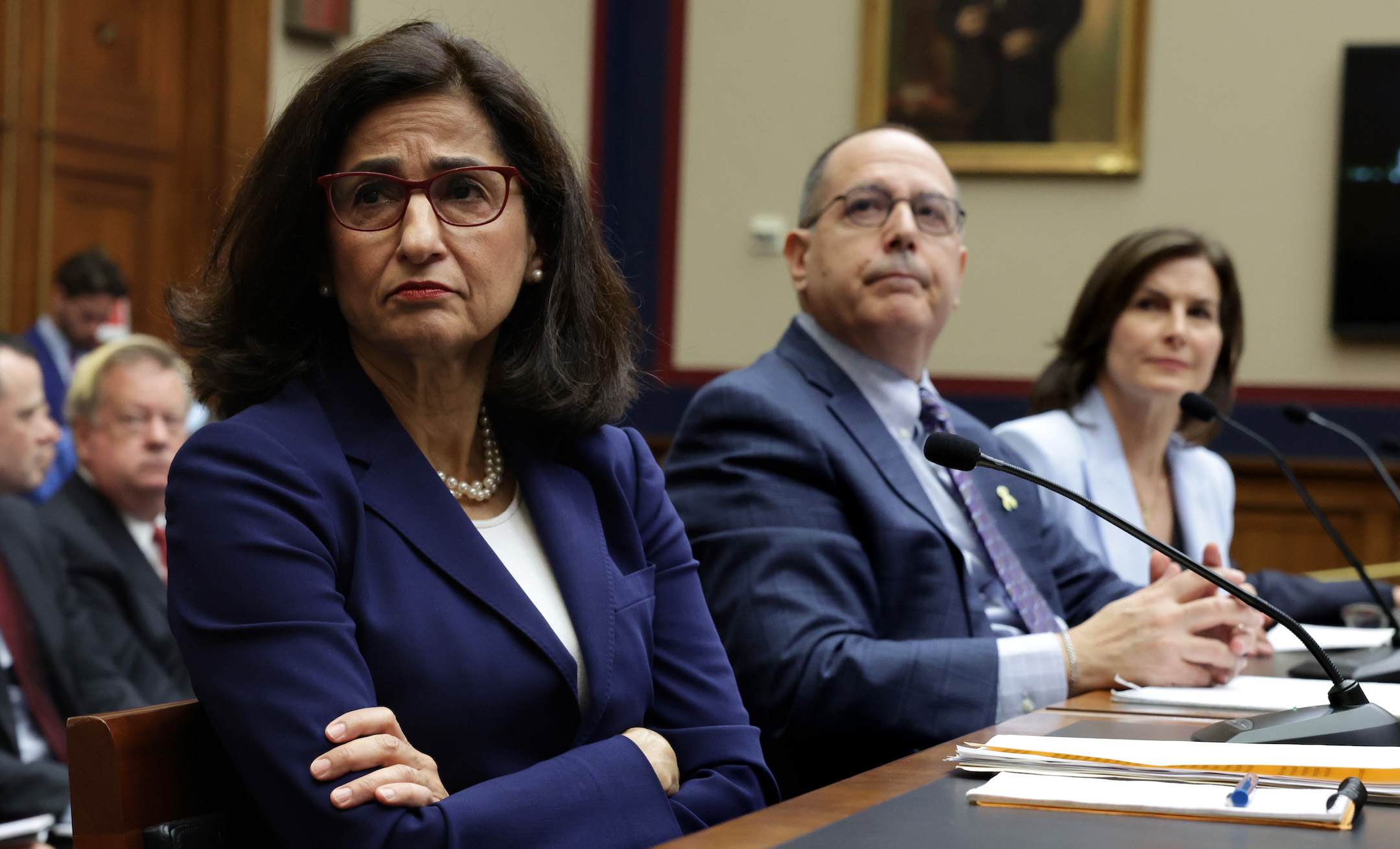 The heads of Columbia University sit on a House panel awaiting questions