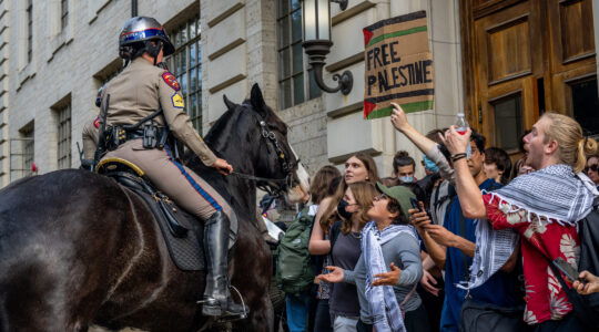 A police officer on horseback confronts pro-Palestinian protesters