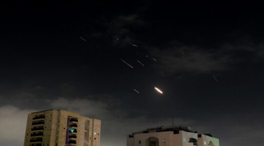 An Iranian missil is intercepted over Tel Aviv on April 14, 2024. (Tomer Neuberg/Flash90)