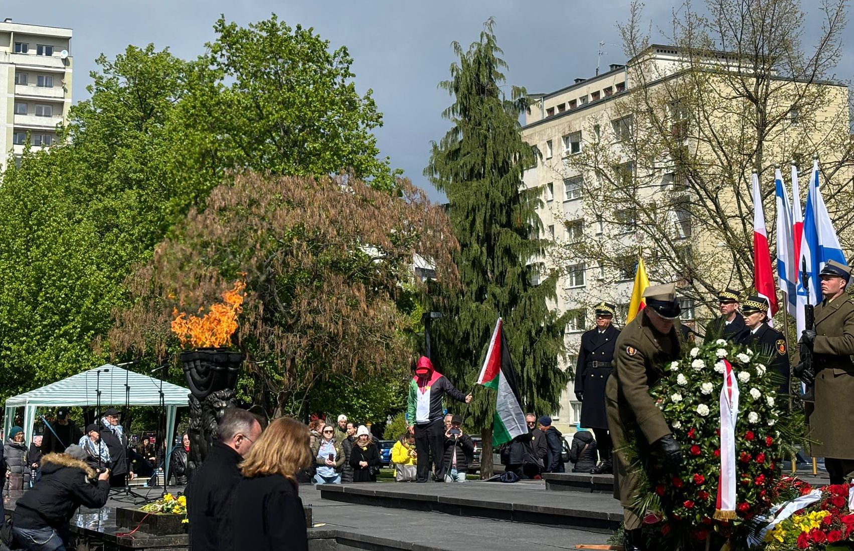 Pro-Palestinian demonstrator is removed from Warsaw Ghetto Uprising commemoration in Poland