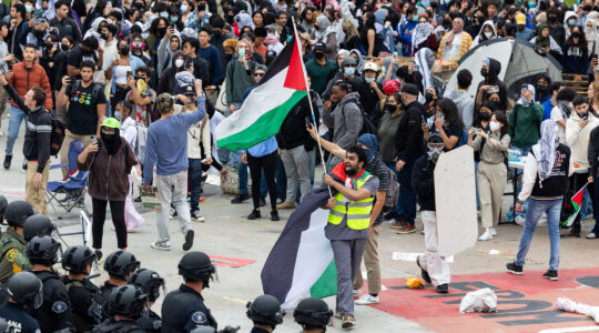 Pro-Palestine protesters face down police on a college campus