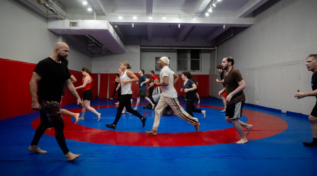 A Guardian Self Defense Krav Maga class in the basement of a Manhattan synagogue, May 21, 2024. (Luke Tress)