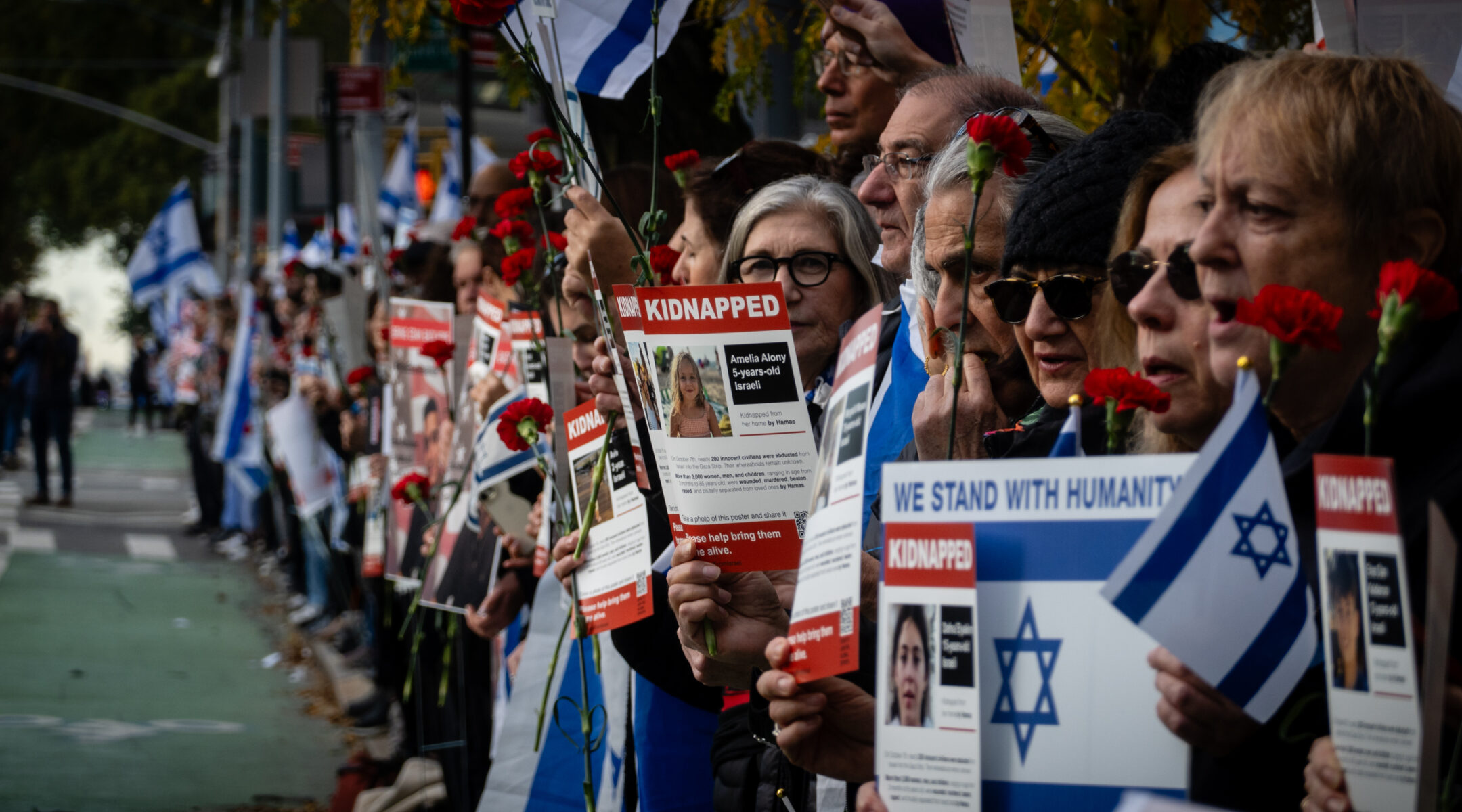 The Jewish community's focus shifted from mourning and shock, to advocating for the hostages. Some rallies demanded action from the international community with protests at the United Nations, Oct. 24, 2023. (Luke Tress)