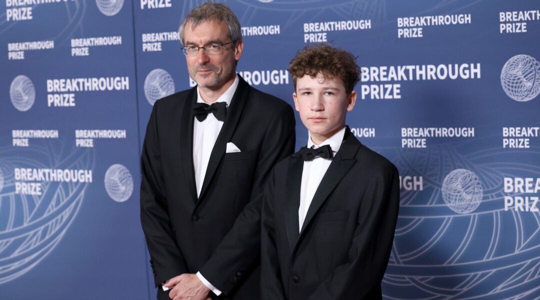Dennis Gaitsgory (left) and guest attend the 11th Breakthrough Prize Ceremony at Barker Hangar on April 5, 2025 in Santa Monica, California. (Jesse Grant/Getty Images for Breakthrough Prize)