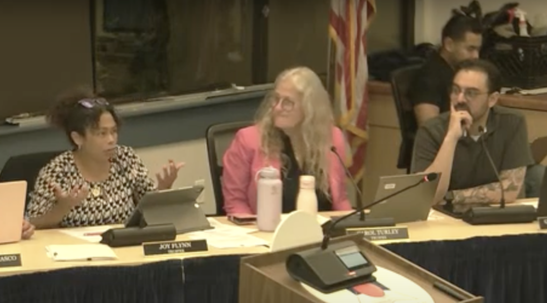 A screenshot of the Pajaro Valley Unified School District board meeting, with Gabriel Medina at right and Joy Flynn at left.