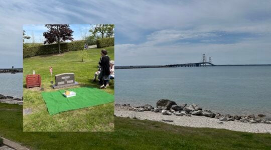 The view of a bridge from the shoreline, with an inset of a funeral