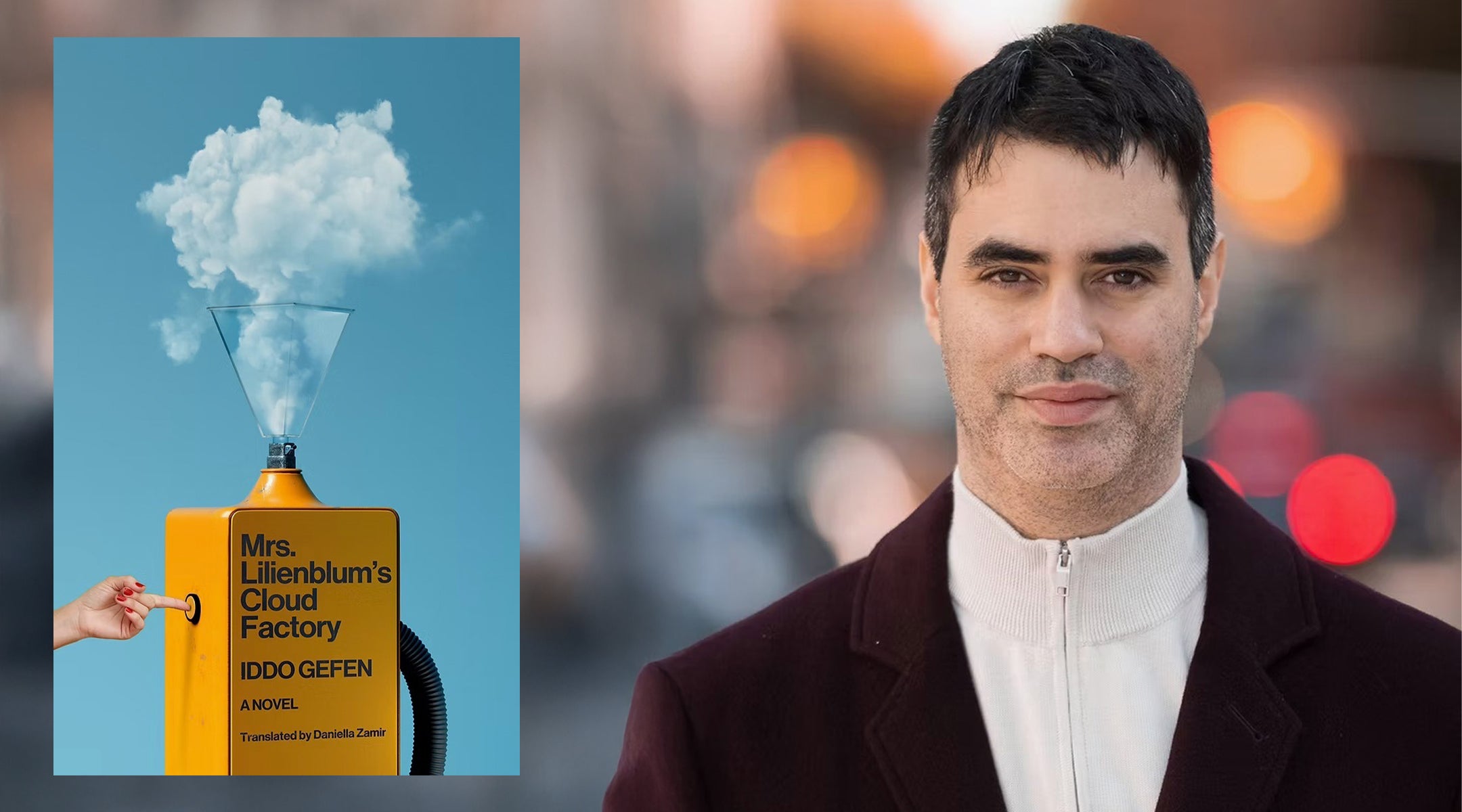 Israeli author Iddo Gefen is shown in a photo alongside the cover of his first novel.