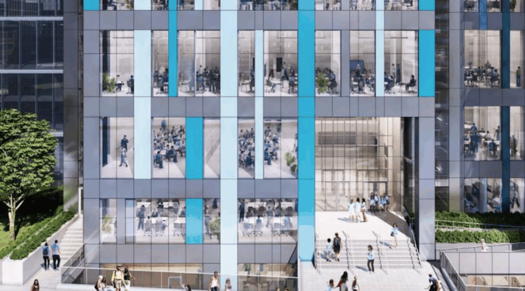 A mock-up of the new jewish high school. It is a modern building and students can be seen studying inside the windows.