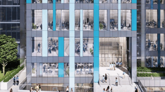 A mock-up of the new jewish high school. It is a modern building and students can be seen studying inside the windows.