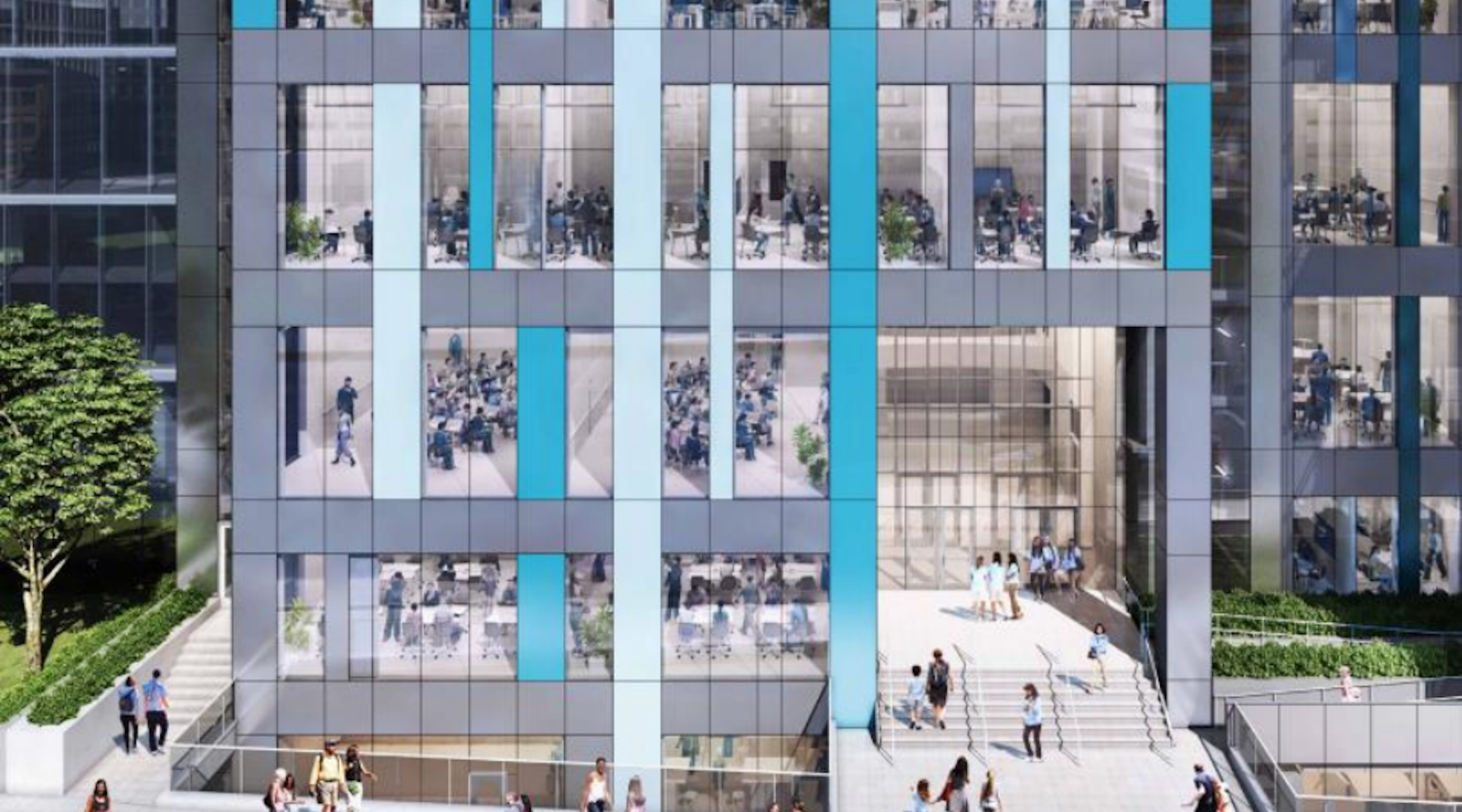 A mock-up of the new jewish high school. It is a modern building and students can be seen studying inside the windows.