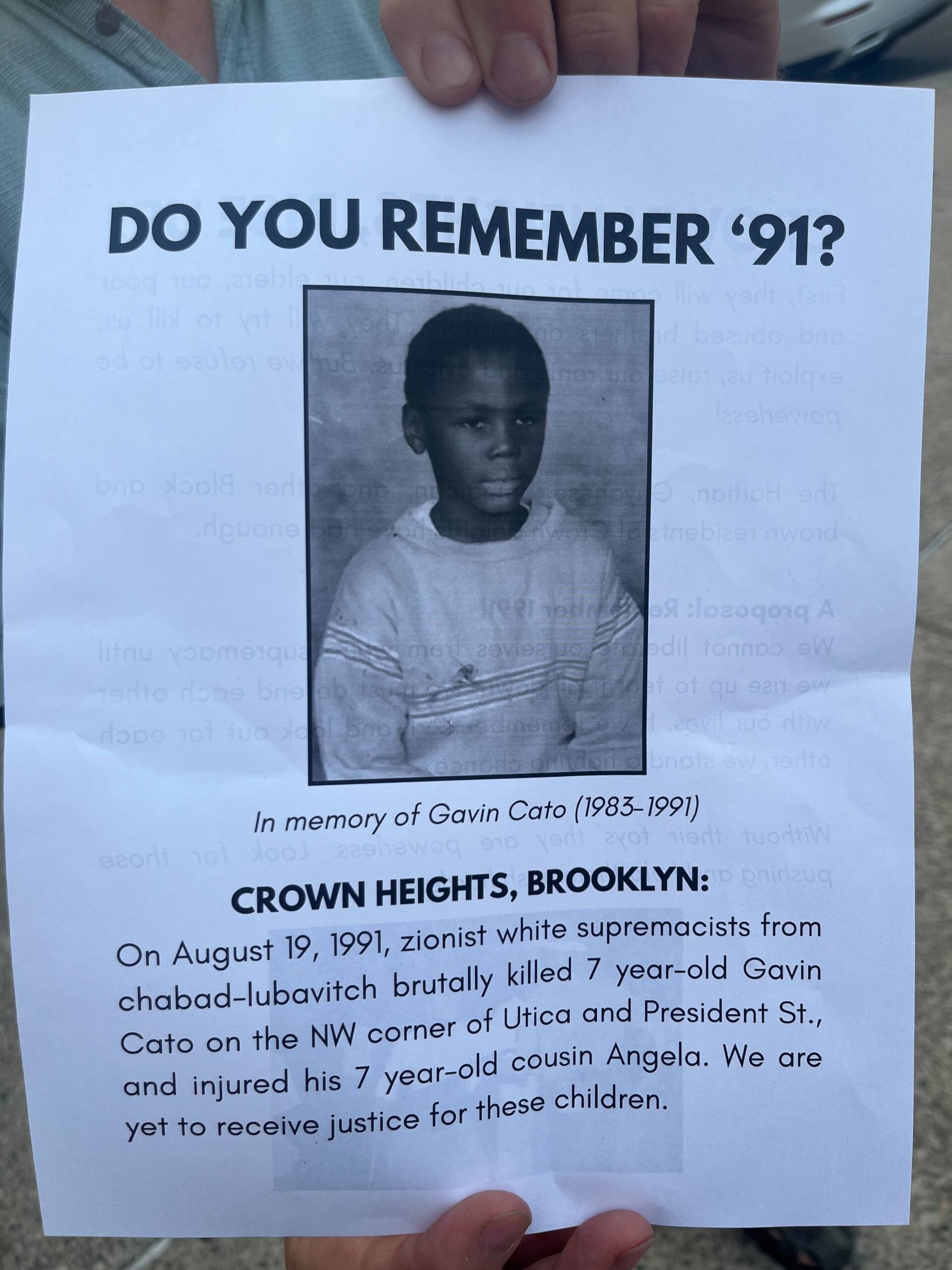 A photo of a flyer distributed by Crown Heights Bites Back.