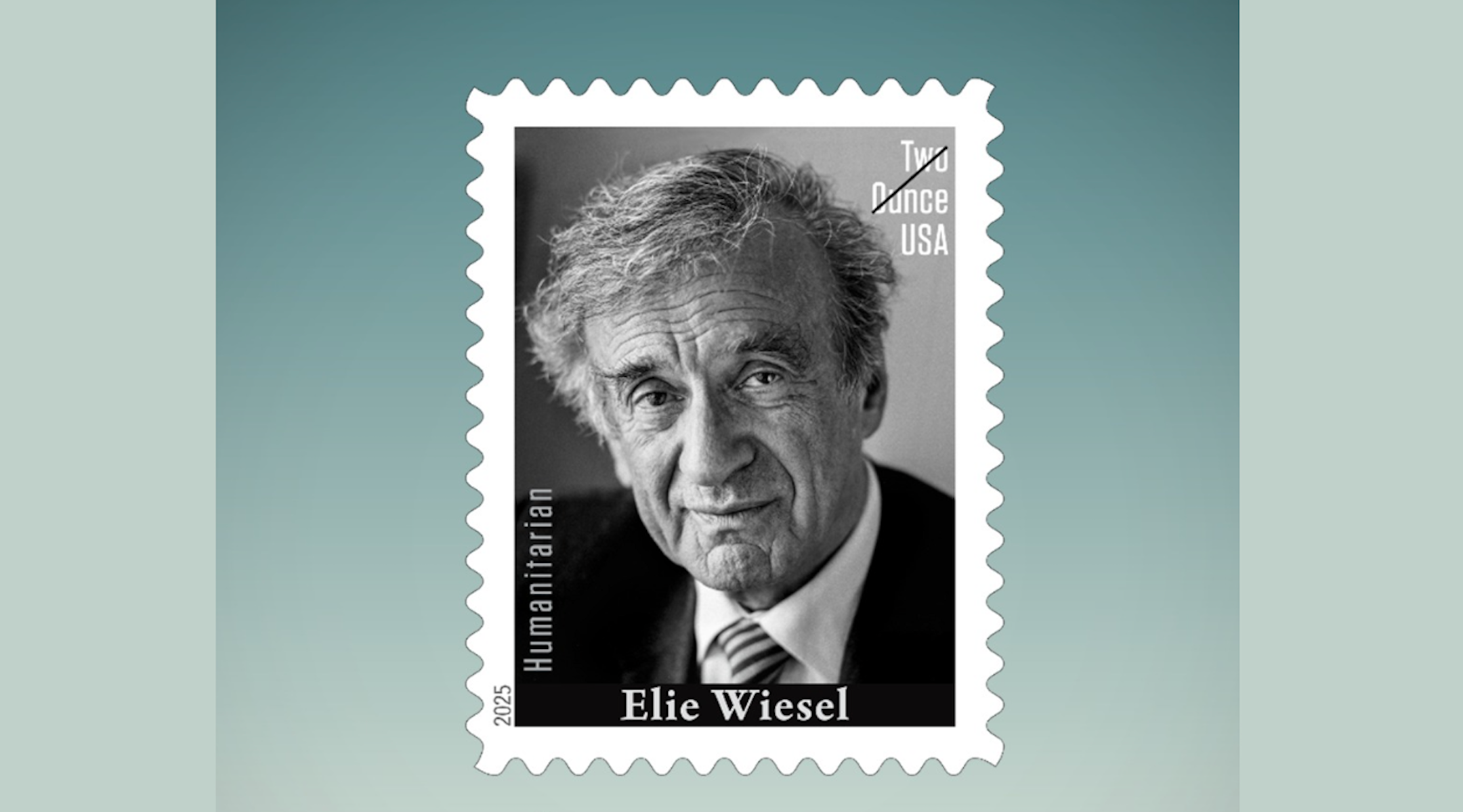 A photo of Elie Wiesel's USPS stamp.