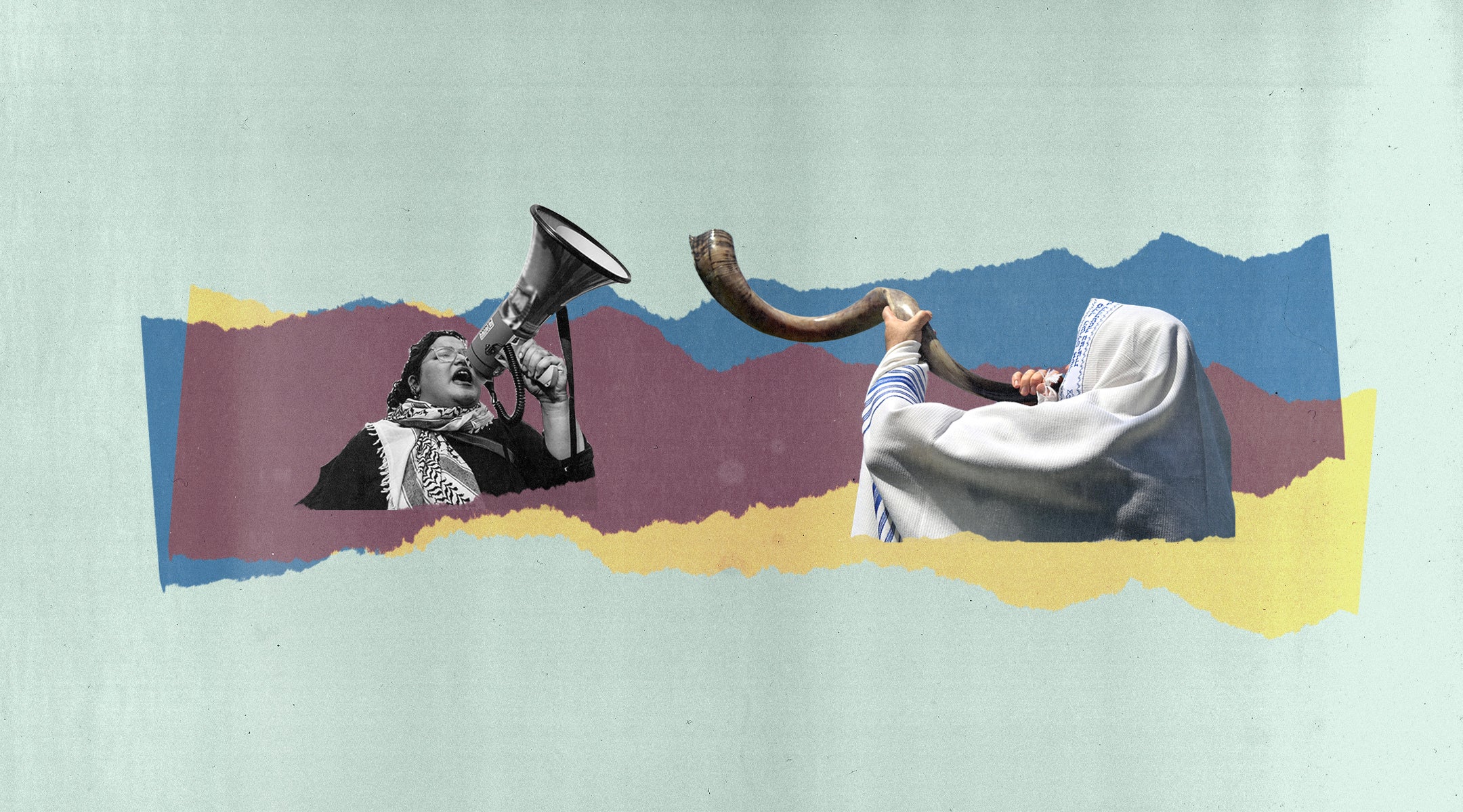 A protester and a shofar-blower face off in an abstract illustration. 