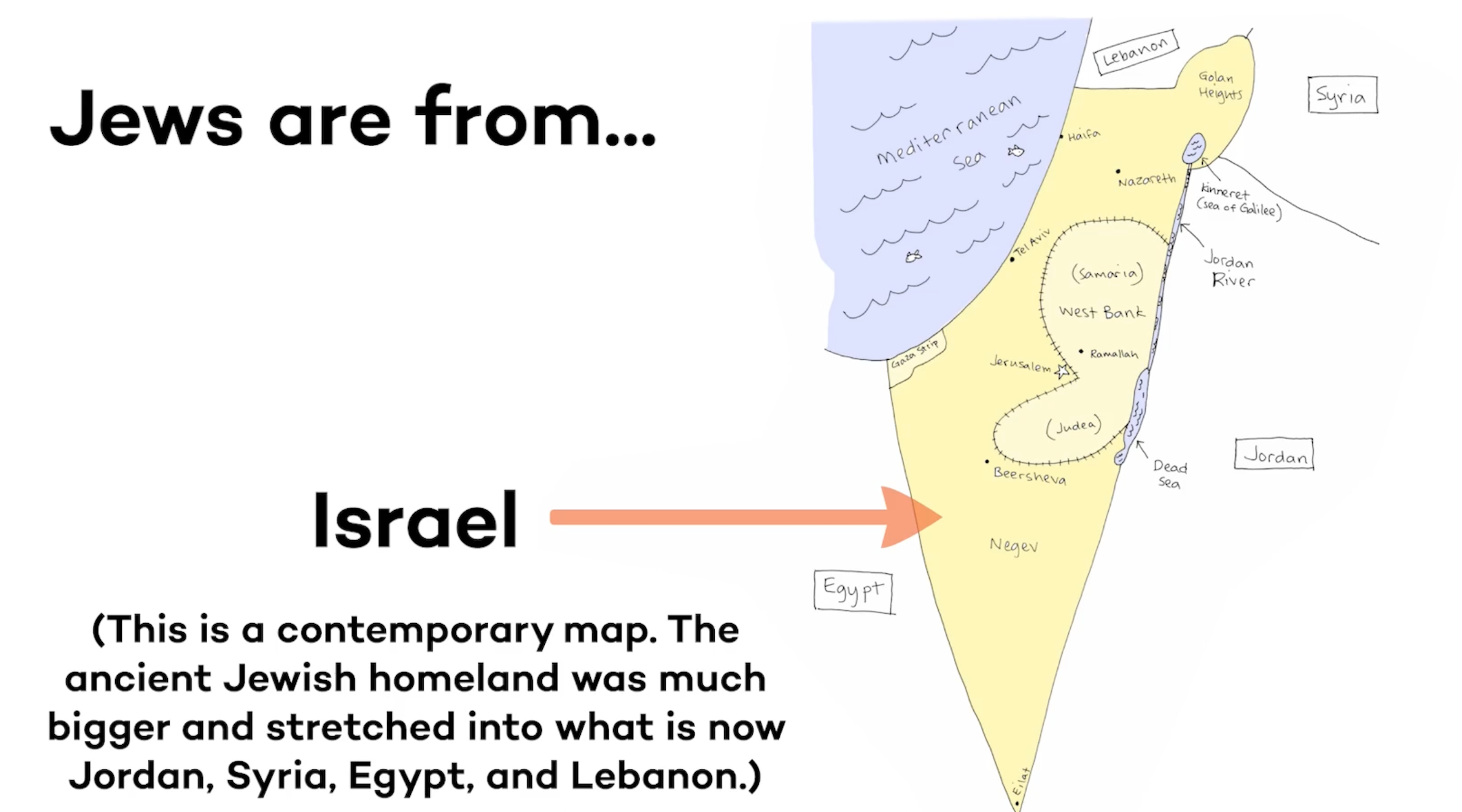 A screenshot of a slide featuring a yellow map of Israel.