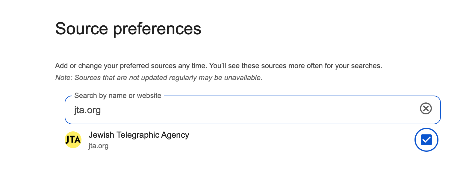 Google preferences: selecting jta.org