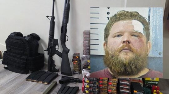 A photo of Shoemaker over the photo of the ammo and weapons confiscated from him.